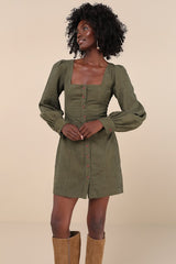 Posh Promise Olive Corduroy Long Sleeve Button-Up Mini Dress