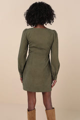 Posh Promise Olive Corduroy Long Sleeve Button-Up Mini Dress