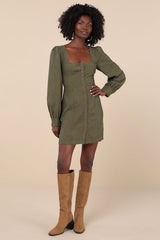 Posh Promise Olive Corduroy Long Sleeve Button-Up Mini Dress