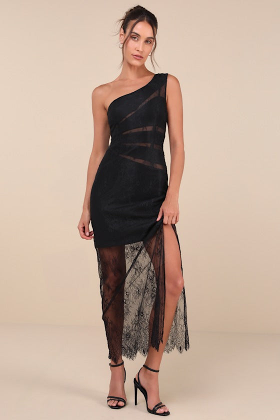 Sensational Flirt Black Sheer Lace One-Shoulder Maxi Dress