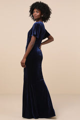 Elegant Evenings Navy Velvet Flutter Sleeve Trumpet Maxi Dress