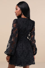Gorgeous Outcome Black Mesh 3D Applique Long Sleeve Mini Dress