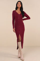Snuggly Sweetness Plum Ribbed Zip-Front Sweater Midi Dress