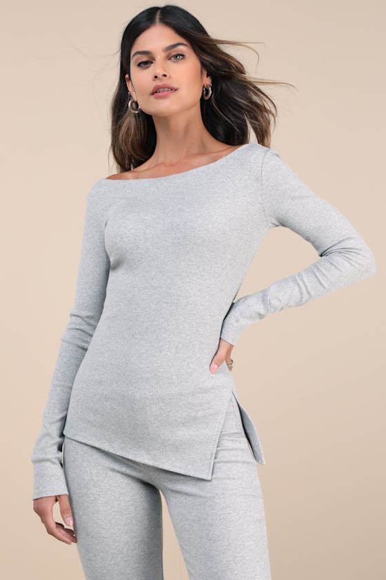 Talia Heather Grey Ribbed Long Sleeve Top
