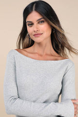 Talia Heather Grey Ribbed Long Sleeve Top