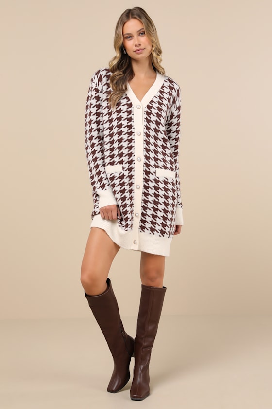 Truly Iconic Ivory and Brown Houndstooth Cardigan Sweater Dress