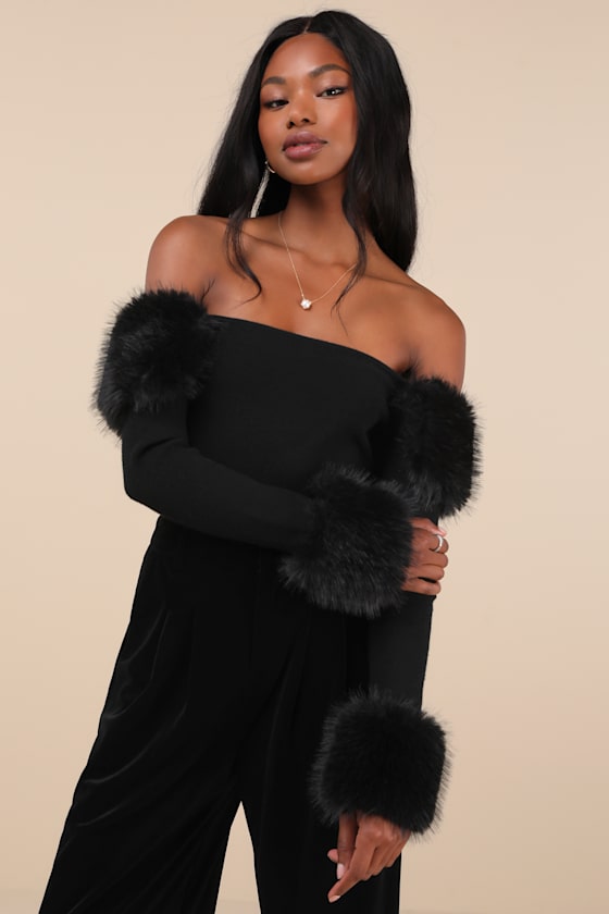 Absolutely Unreal Black Faux Fur Cropped Sweater Top