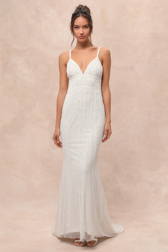 Stunning Vow White Beaded Sequin Maxi Dress