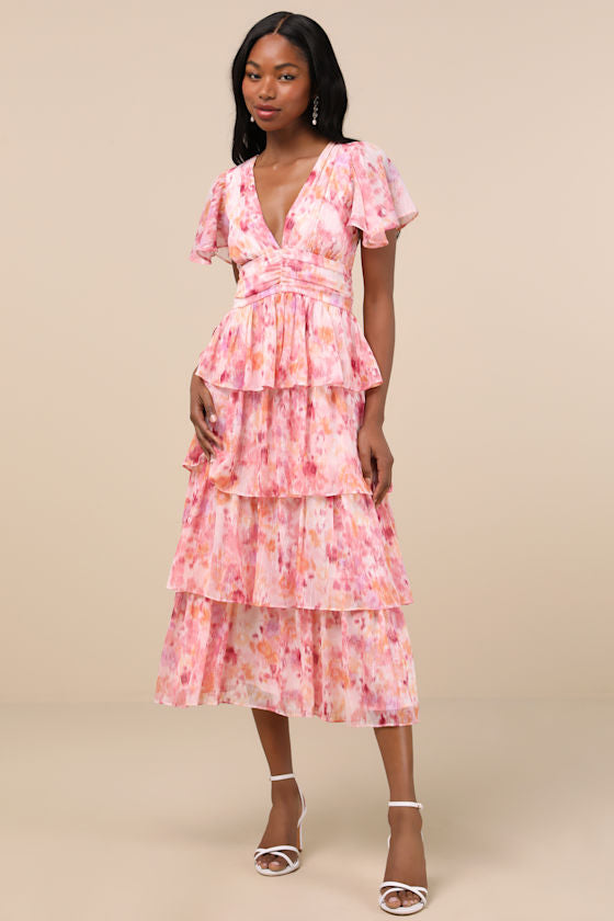 Nalia Pink Abstract Print Tiered Tie-Back Midi Dress