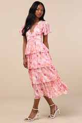 Nalia Pink Abstract Print Tiered Tie-Back Midi Dress