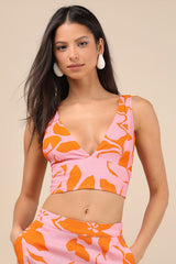 Bora Bora Pink Floral Linen Crop Tank Top