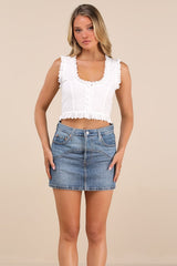 Cintia White Eyelet Embroidered Button-Front Crop Top