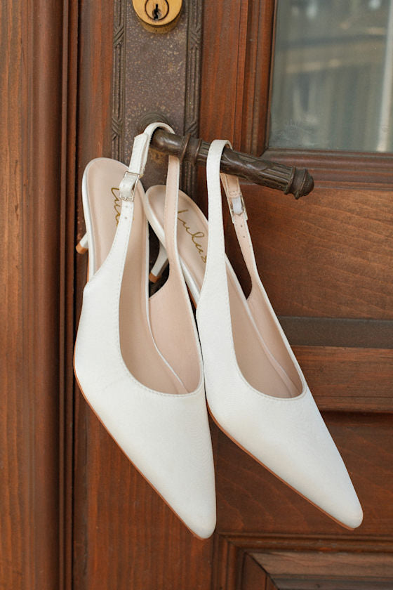 Agnesca White Satin Slingback Kitten Heel Pumps