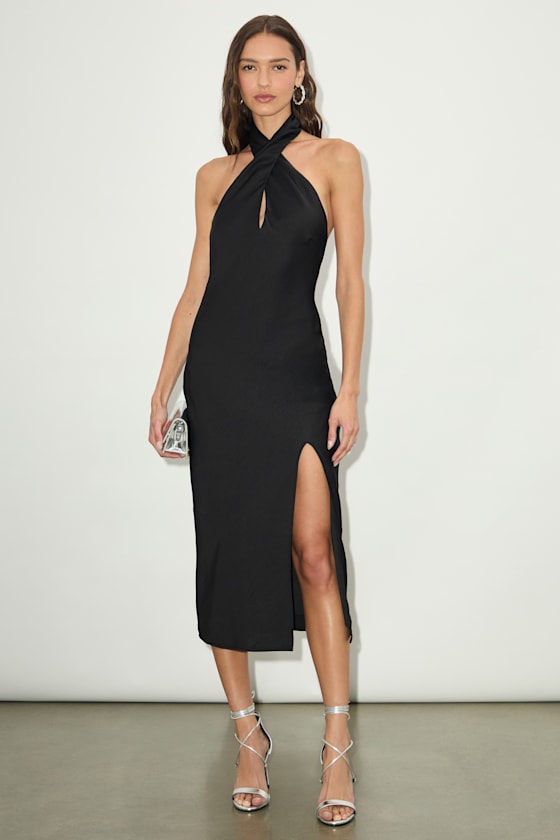 Beyond Classy Black Satin Halter Midi Dress
