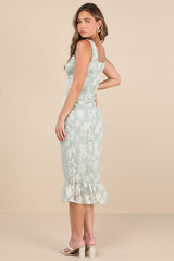 Elani Light Sage Floral Burnout Trumpet Midi Dress