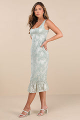 Elani Light Sage Floral Burnout Trumpet Midi Dress
