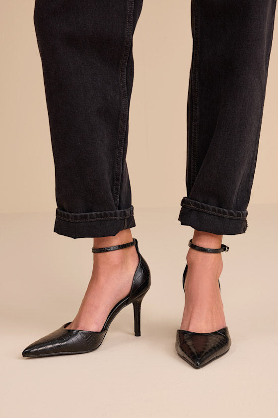 Acrux Black Croc Pointed-Toe Ankle Strap Pumps