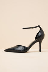 Acrux Black Croc Pointed-Toe Ankle Strap Pumps