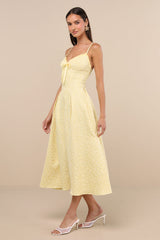 Ninetta Light Yellow Floral Jacquard Lace-Up Midi Dress