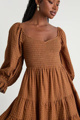 Charming Afternoon Tan Gingham Balloon Sleeve Mini Dress