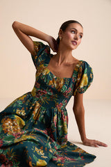 Adorable Tendencies Dark Teal Floral Puff Sleeve Midi Dress