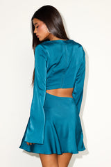 Saroya Teal Blue Satin Cutout Long Sleeve Mini Dress