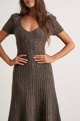 Antonela Heathered Brown Puff Sleeve Sweater Midi Dress