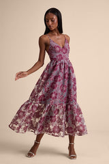 Feeling Like Forever Plum Jacquard Organza Lace-Up Midi Dress