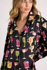 Classic Black Holiday Cocktail Satin Two-Piece Pajama Set