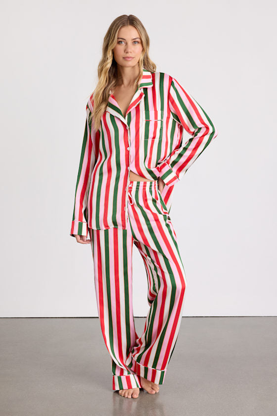 Classic White Multi Jolly Stripes Satin Two-Piece Pajama Set