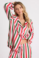 Classic White Multi Jolly Stripes Satin Two-Piece Pajama Set