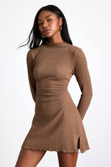 Flattering Forecast Brown Textured Long Sleeve Mini Dress