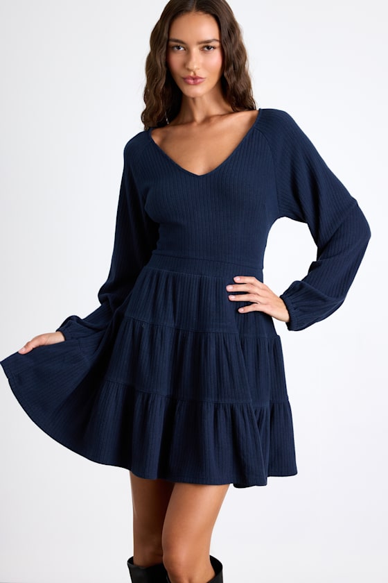 Adorable Option Dark Navy Long Sleeve Mini Sweater Dress