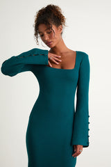 Classy Attitude Emerald Ribbed Square Neck Midi Sweater Dress