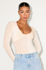 Stelly Shiny Light Beige Velvet Textured Long Sleeve Bodysuit