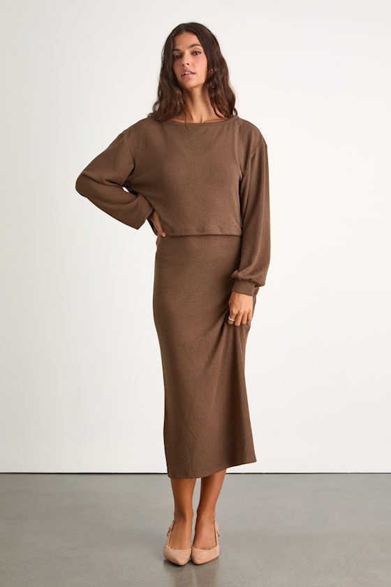 Marvelous Match Brown Knit Two-Piece Midi Dress & Sweater Set