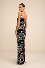 Camesha Black Multi Floral Velvet Sequin Maxi Dress