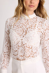 Celita Ivory Sheer Eyelash Lace Long Sleeve Crop Top