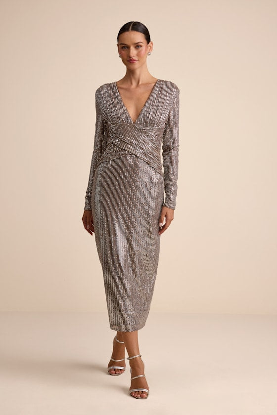 Helena Brown and Silver Sequin Long Sleeve Midi Dress