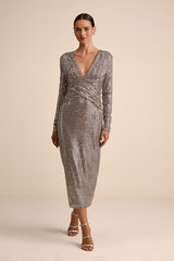 Helena Brown and Silver Sequin Long Sleeve Midi Dress