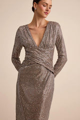 Helena Brown and Silver Sequin Long Sleeve Midi Dress