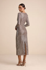 Helena Brown and Silver Sequin Long Sleeve Midi Dress