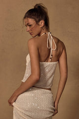 Malita Cream Crochet Sequin Halter Top