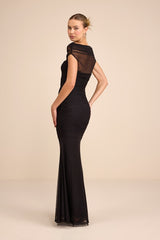 Sunama Black Mesh Ruched Mermaid Maxi Dress