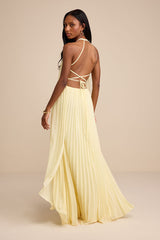 Dorala Light Yellow Pleated Lace-Up Tiered Maxi Dress