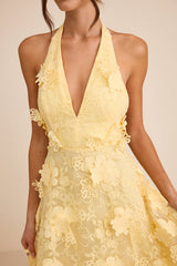Kennia Light Yellow 3D Floral Embroidered Halter Maxi Dress