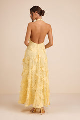 Kennia Light Yellow 3D Floral Embroidered Halter Maxi Dress