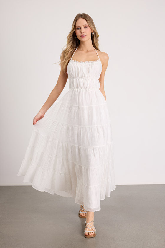 Ameera White Textured Tiered Backless Maxi Dress