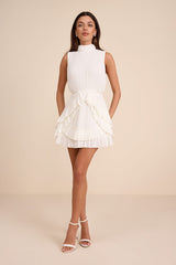 Alvana White Plisse Mock Neck Ruffled Mini Dress
