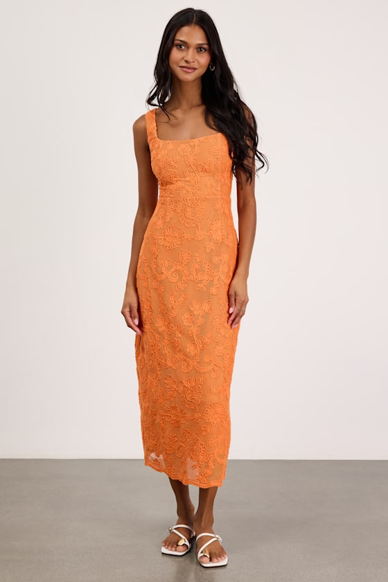 Larine Orange Abstract Floral Embroidered Midi Dress